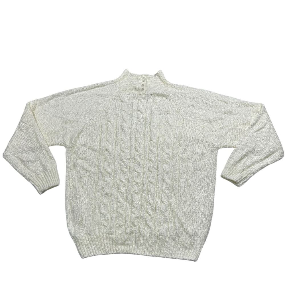VTG Miranda Ivory White Mock Neck Sweater Pearl Buttons Vintage Knit Sz XL